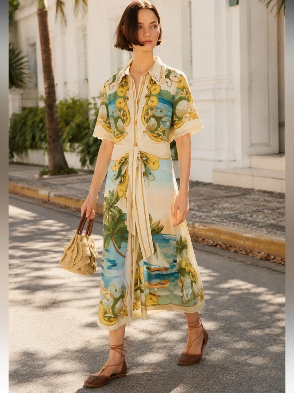 Farm Rio Royal Sea Gathered-Waist Midi Dress - Sz L - Picture 1 of 12
